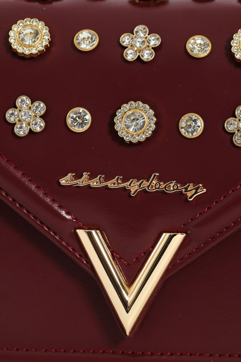 Handbag With Front Bling Detail - Burgundy