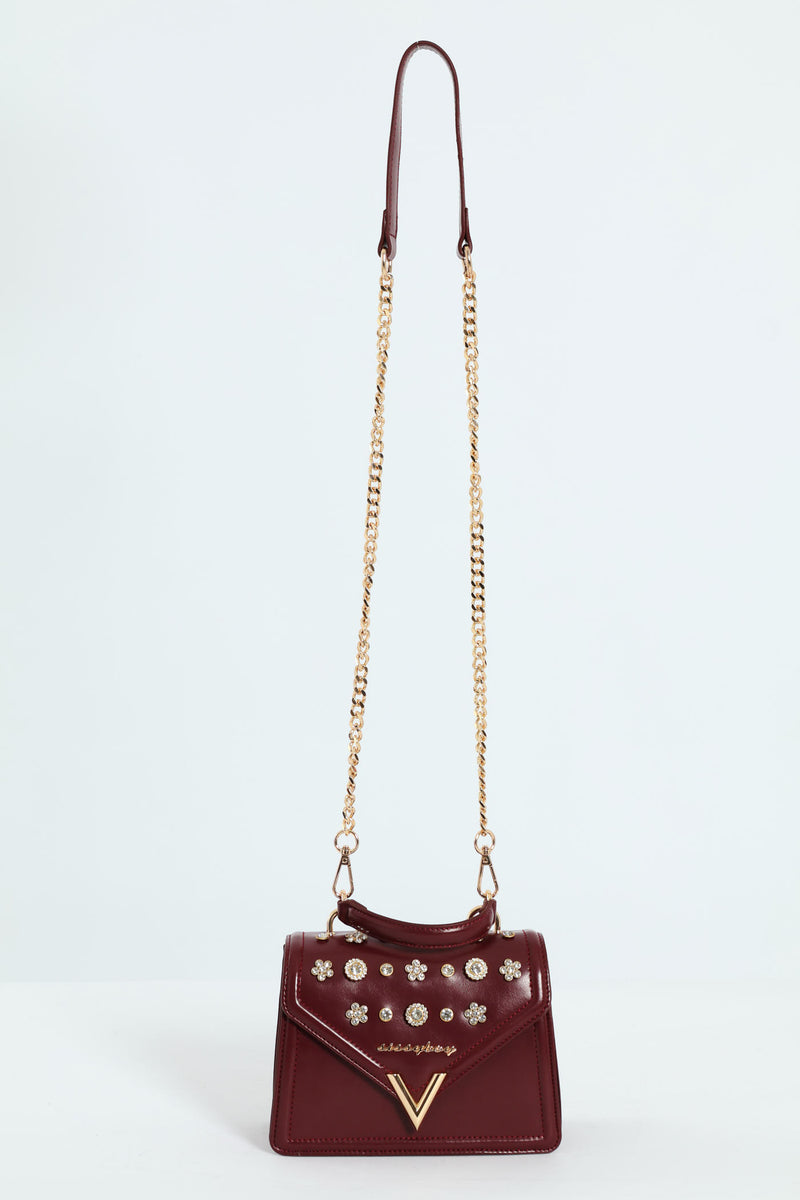 Handbag With Front Bling Detail - Burgundy