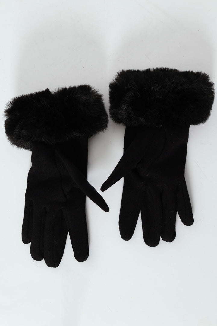 Faux Fur Trim Glove - Black