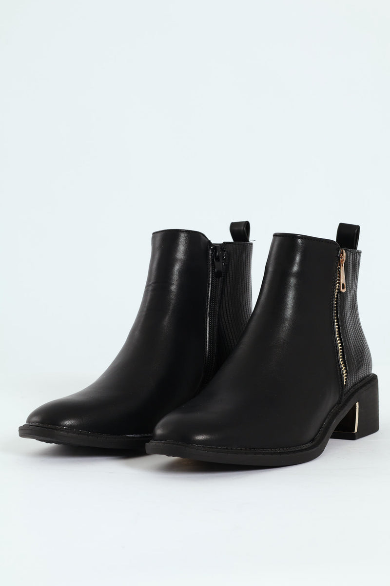 Metal Heel Insert Fabric Chelsea Block Boot - Black