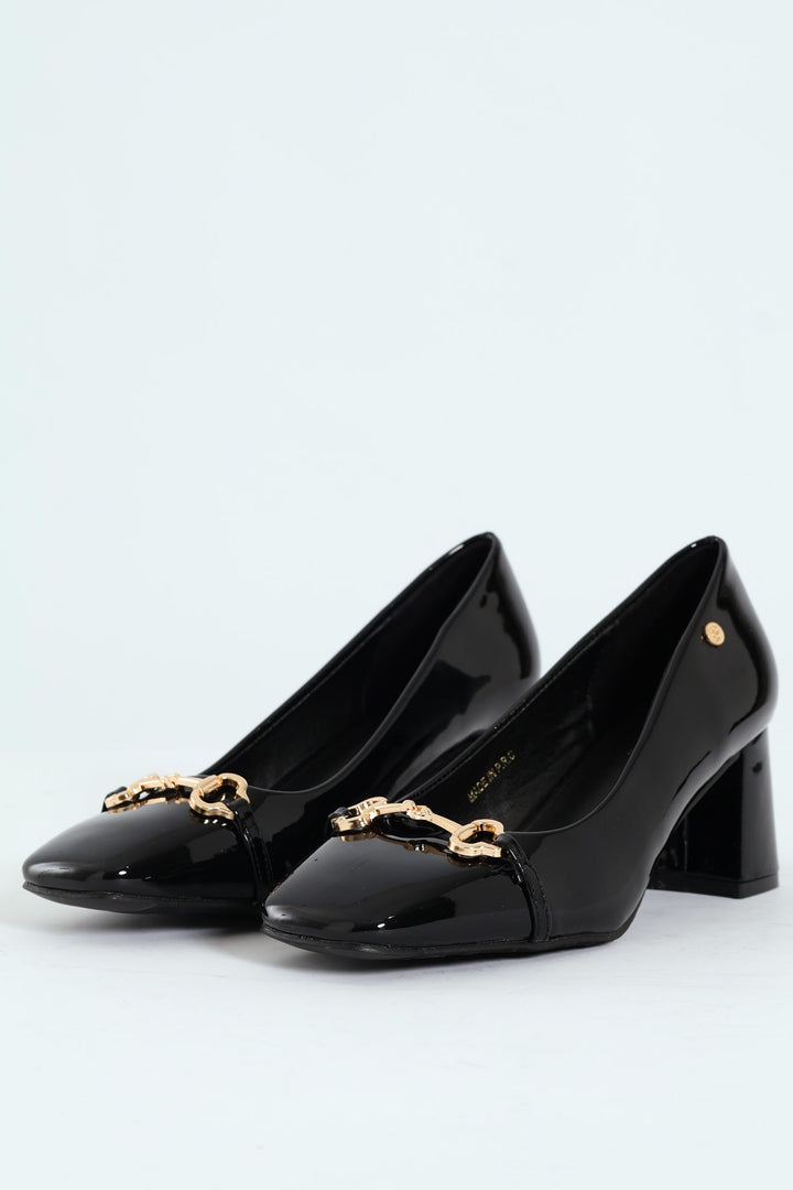 Amy Horsebit Square Toe Kitten Block Court Heel - Black