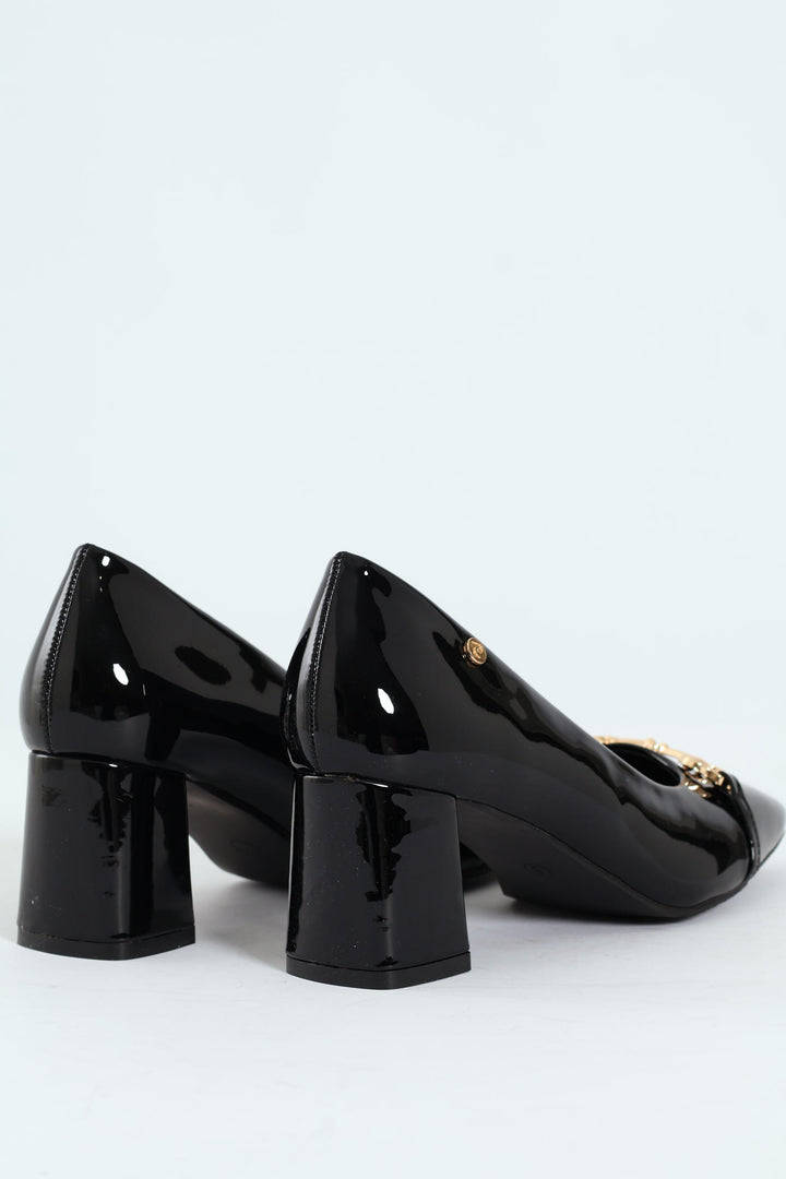 Amy Horsebit Square Toe Kitten Block Court Heel - Black