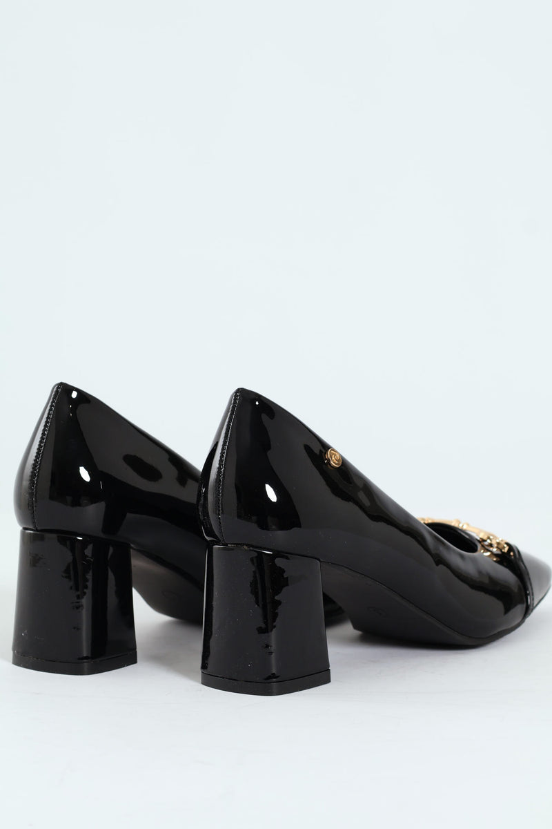 Amy Horsebit Square Toe Kitten Block Court Heel - Black