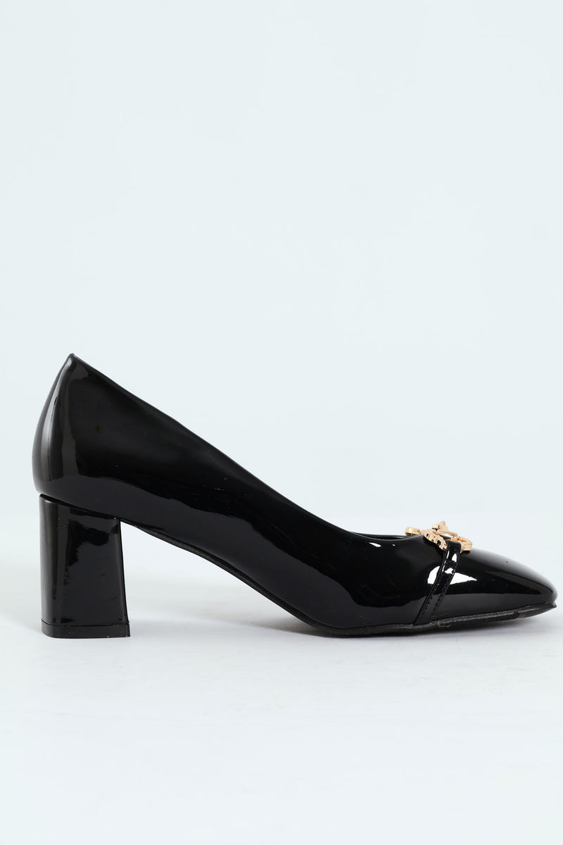 Amy Horsebit Square Toe Kitten Block Court Heel - Black