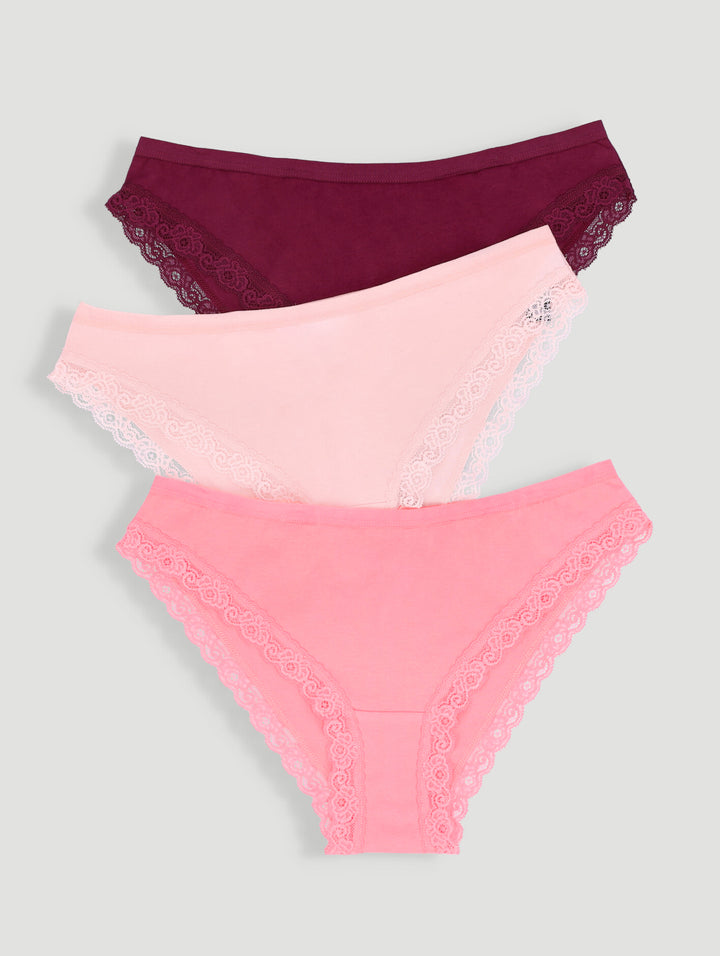 3 Pack Cotton Stretch Brazillian Panties - Burgundy/Light Pink/Coral