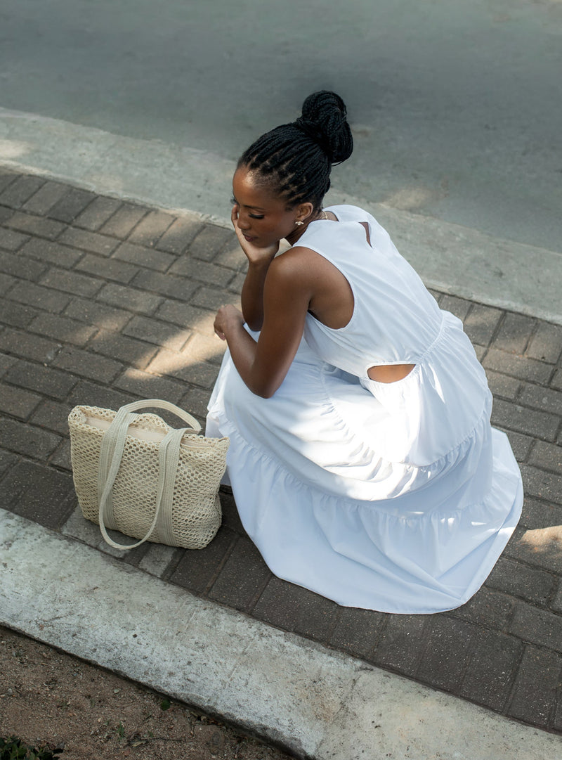 Waist Cut Out Tiered Poplin Midi Dress - White