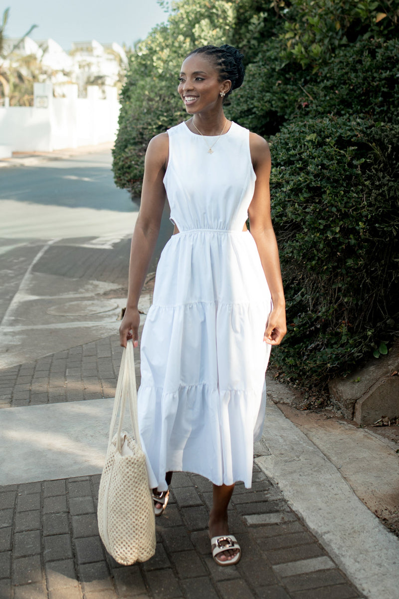 Waist Cut Out Tiered Poplin Midi Dress - White