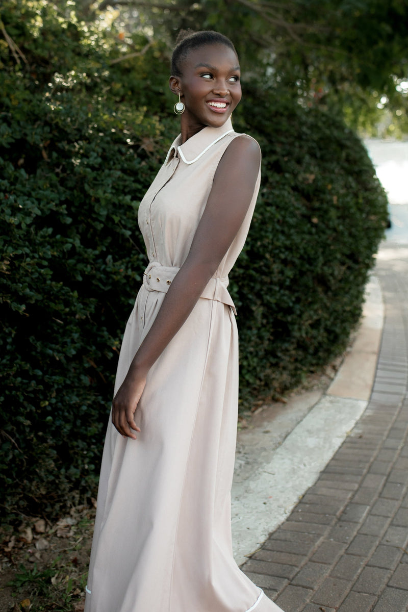 Peterpan Darted Waisted Maxi Dress - Taupe/Cream