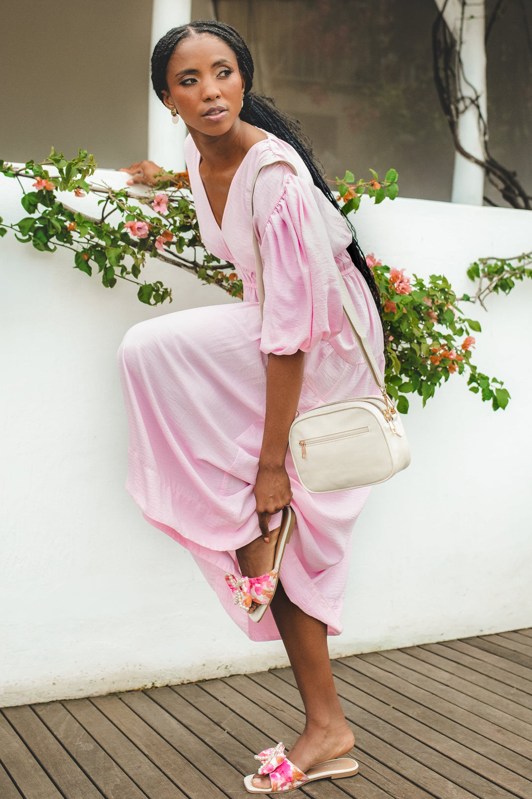 Bubble Sleeve V-Neck Tiered Midaxi Dress - Ice Pink