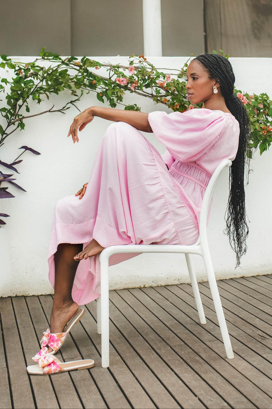 Bubble Sleeve V-Neck Tiered Midaxi Dress - Ice Pink