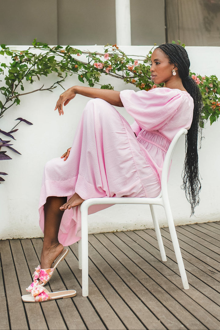 Bubble Sleeve V-Neck Tiered Midaxi Dress - Ice Pink