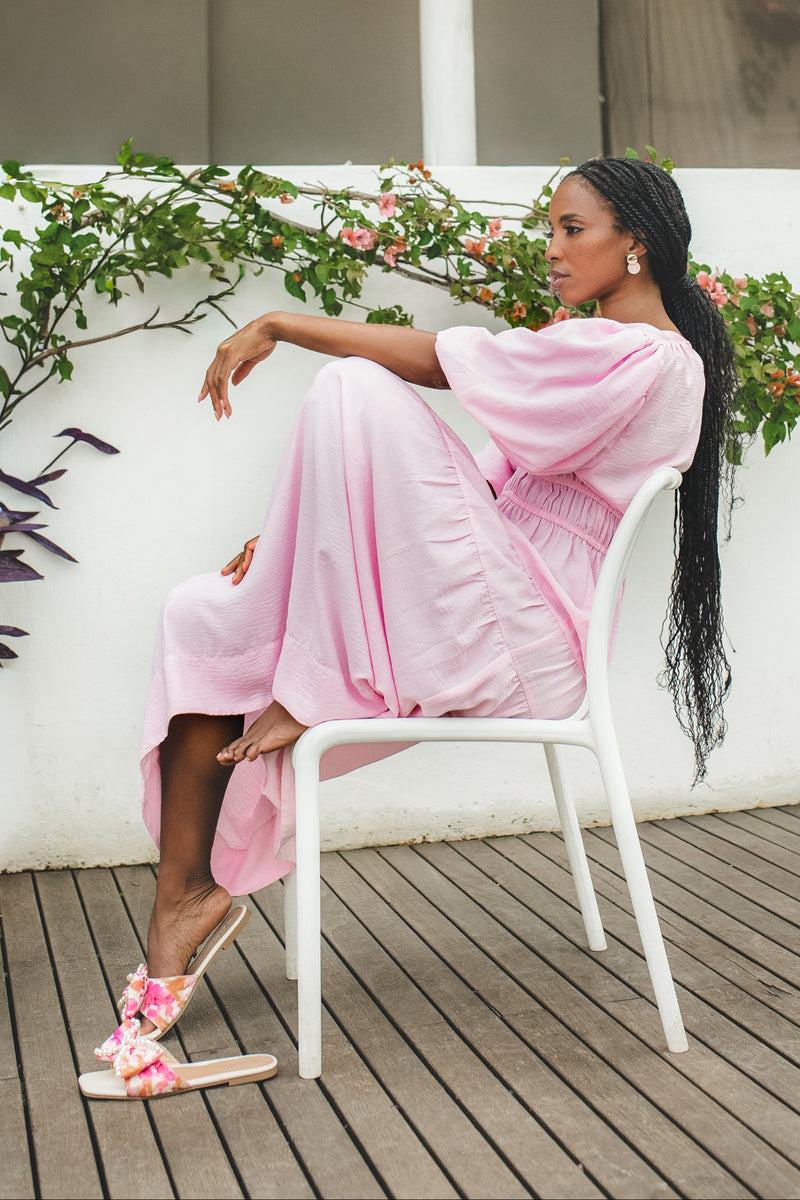 Bubble Sleeve V-Neck Tiered Midaxi Dress - Ice Pink