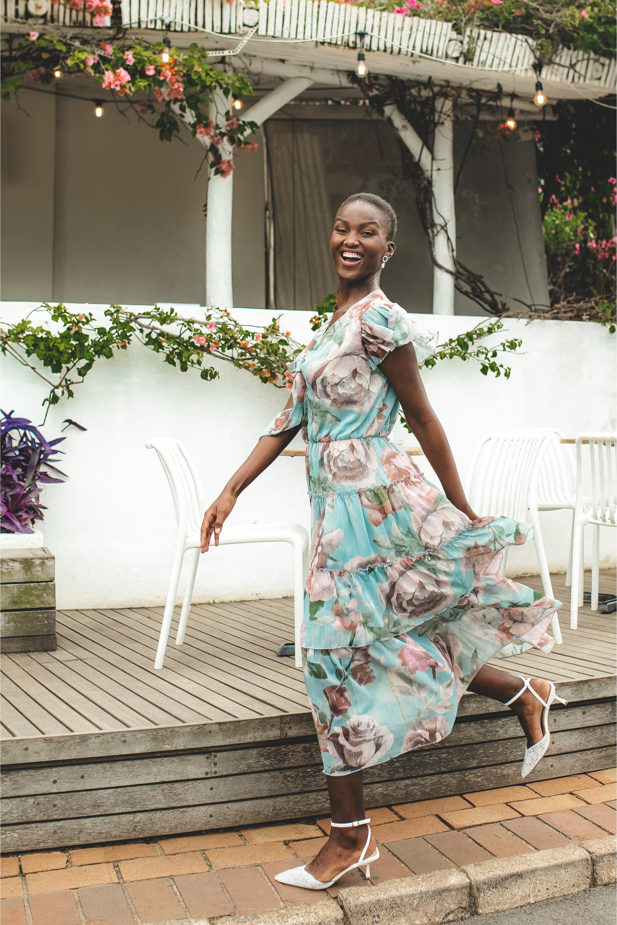 Ladies Tie Front Floral Flutter Sleeve Maxi Dress - Sage – Edgars
