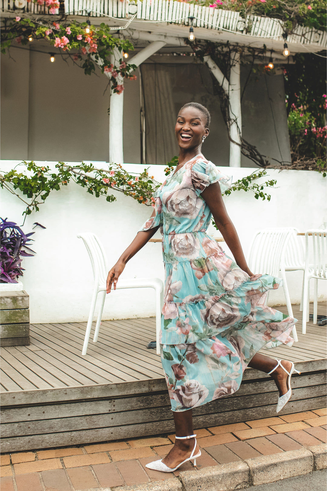 Tie Front Floral Flutter Sleeve Maxi Dress - Sage