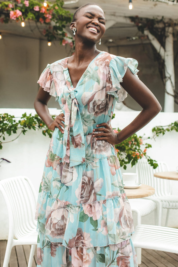 Ladies Tie Front Floral Flutter Sleeve Maxi Dress - Sage – Edgars