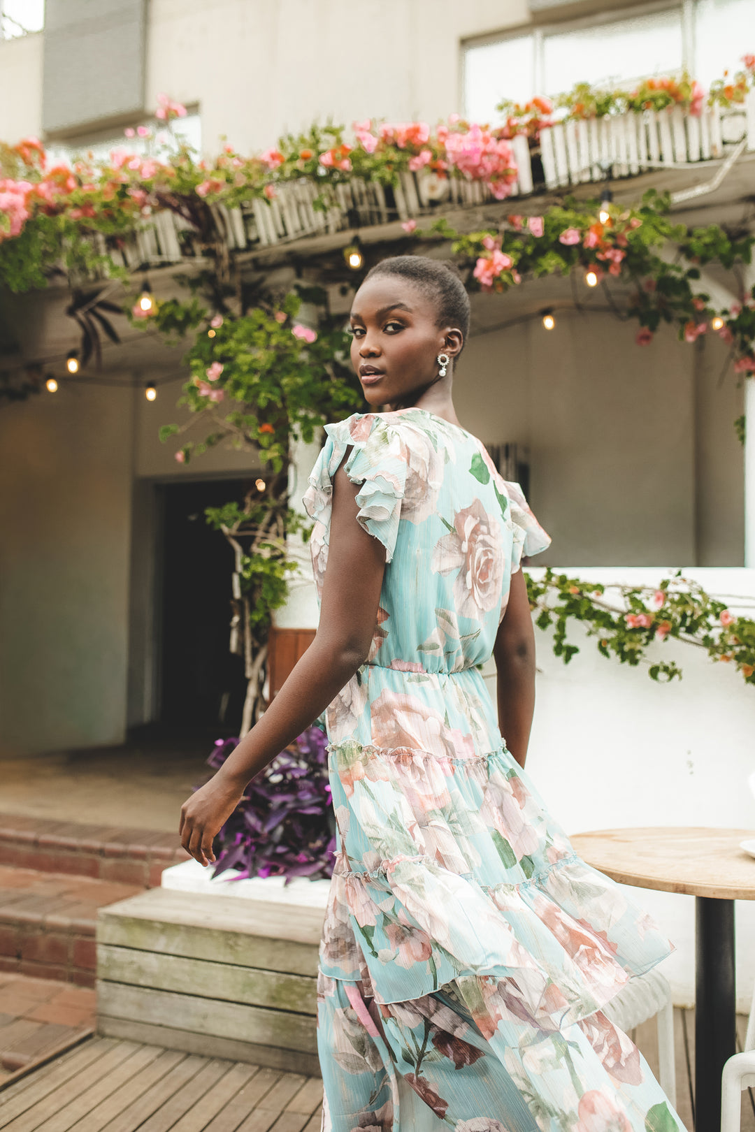 Ladies Tie Front Floral Flutter Sleeve Maxi Dress - Sage Edgars Ladies Tie Front Floral Flutter Sleeve Maxi Dress - Sage Edgars