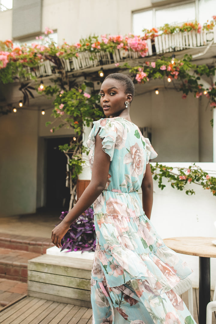 Tie Front Floral Flutter Sleeve Maxi Dress - Sage