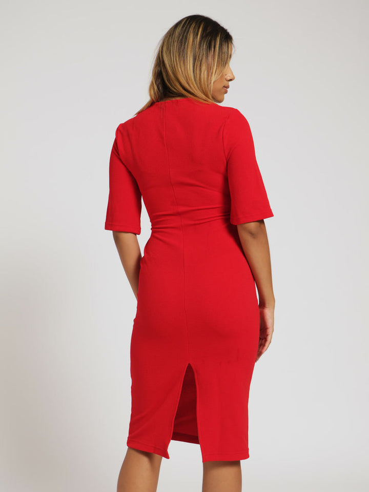Flare Slit Sleeve Bodycon Dress - Red