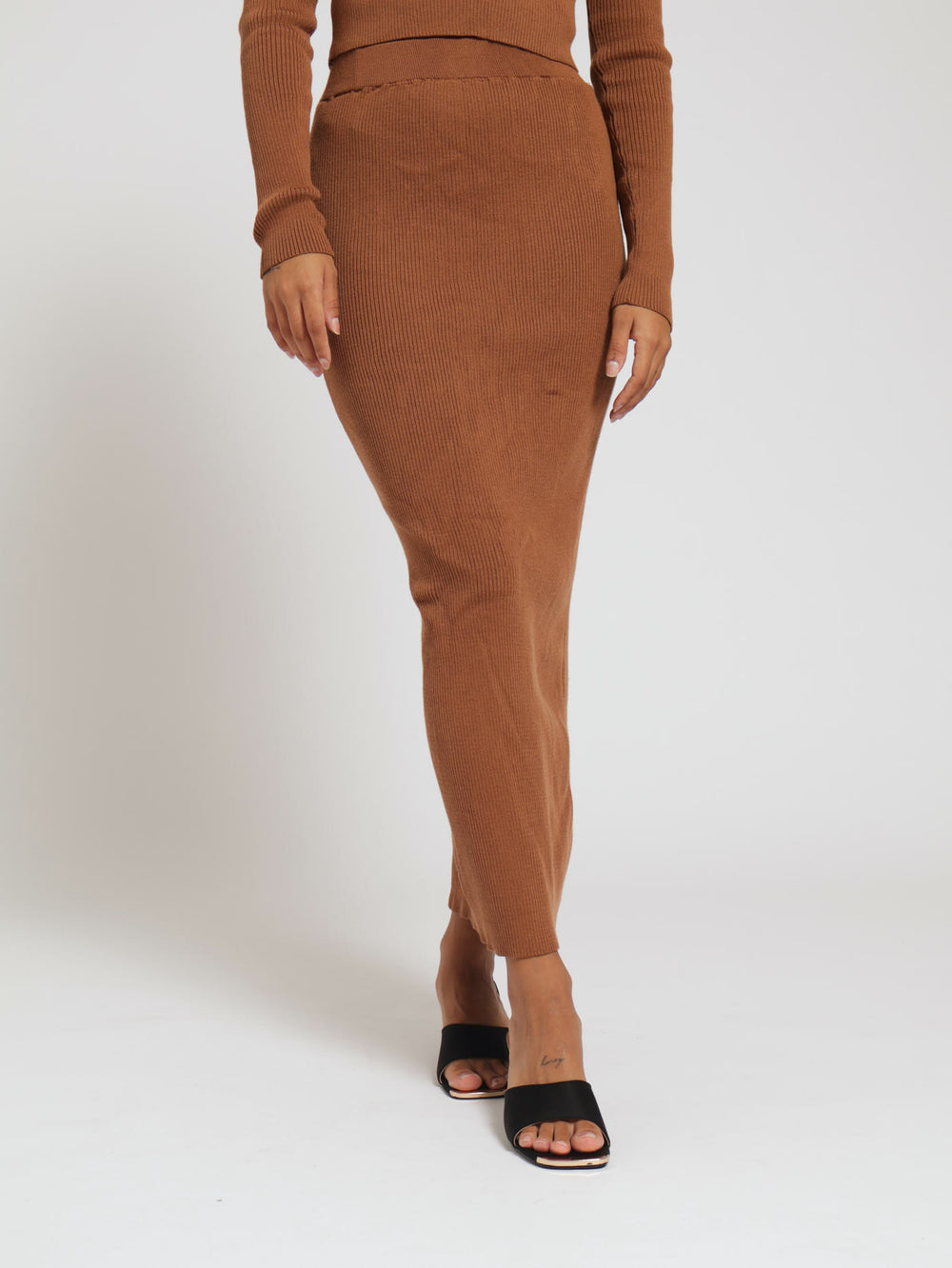 Ribbed Elasticated Waist Midi Pencil Skirt - Tan