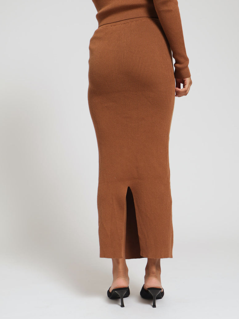 Ribbed Elasticated Waist Midi Pencil Skirt - Tan