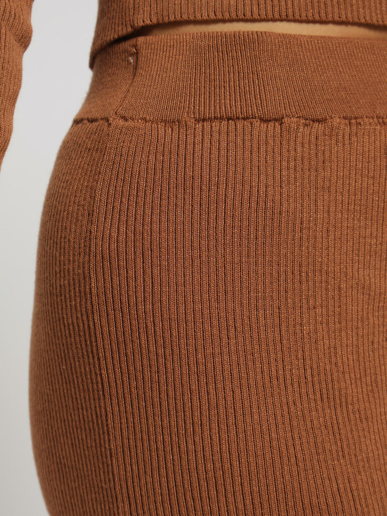 Ribbed Elasticated Waist Midi Pencil Skirt - Tan