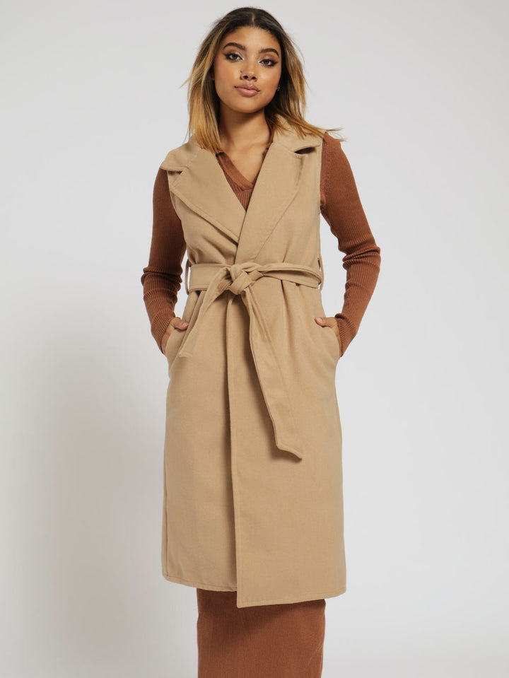 Sleeveless Belted Melton Long Length Coat - Caramel