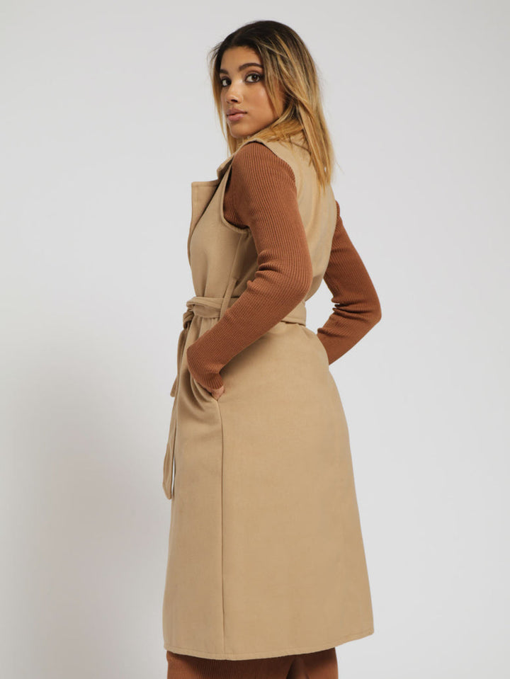 Sleeveless Belted Melton Long Length Coat - Caramel