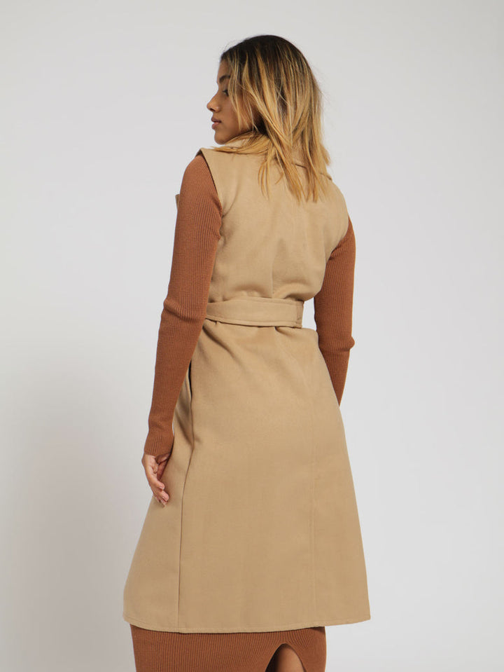 Sleeveless Belted Melton Long Length Coat - Caramel