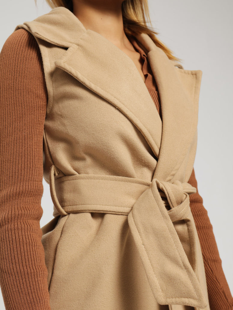 Sleeveless Belted Melton Long Length Coat - Caramel