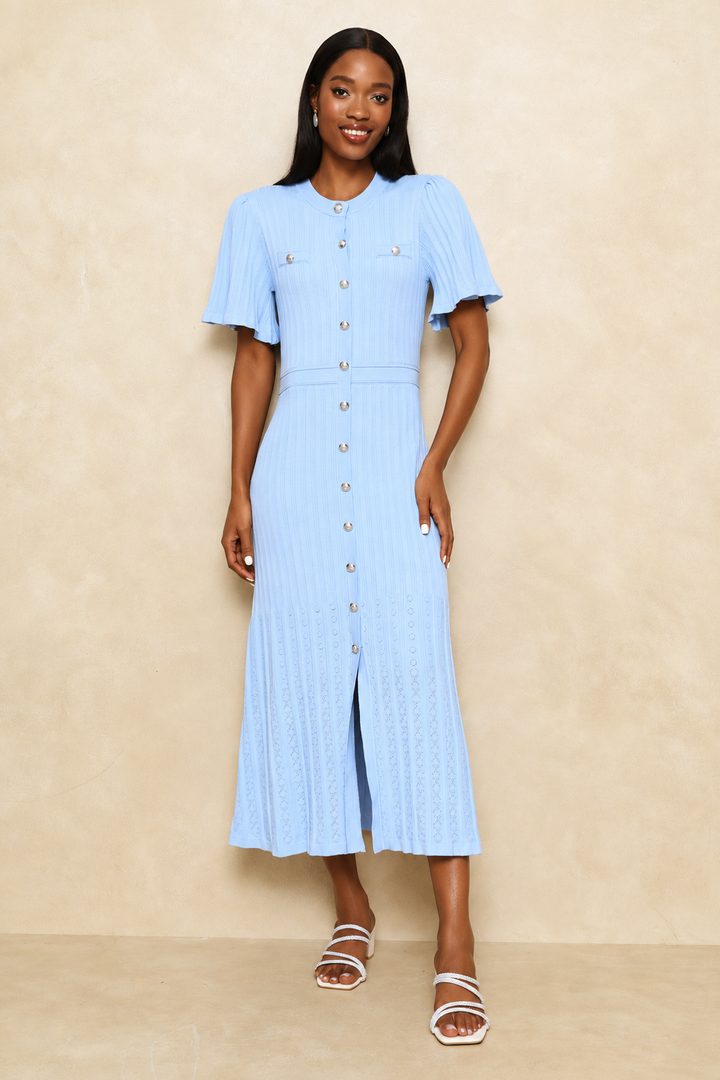 Flutter Sleeve Preppy Knitwear Maxi Dress - Pastel Blue