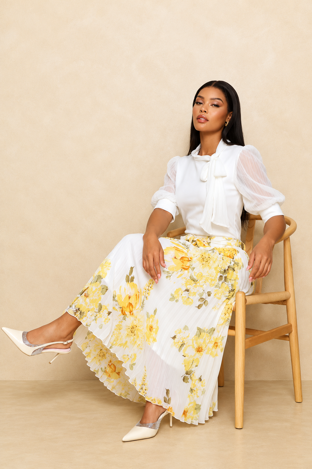 Floral Pleated Midi Skirt - Butter Yellow