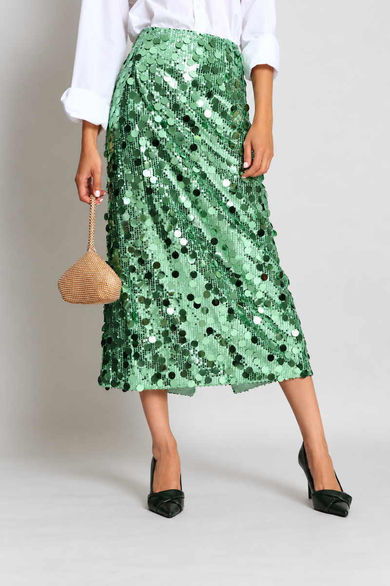 High Waisted Sequin Maxi Skirt With Back Slit - Mint