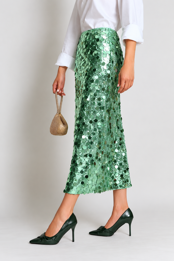 High Waisted Sequin Maxi Skirt With Back Slit - Mint