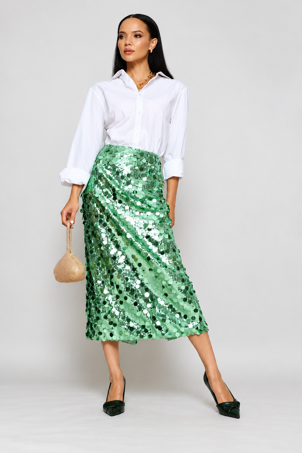 High Waisted Sequin Maxi Skirt With Back Slit - Mint