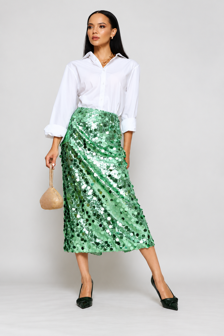 High Waisted Sequin Maxi Skirt With Back Slit - Mint