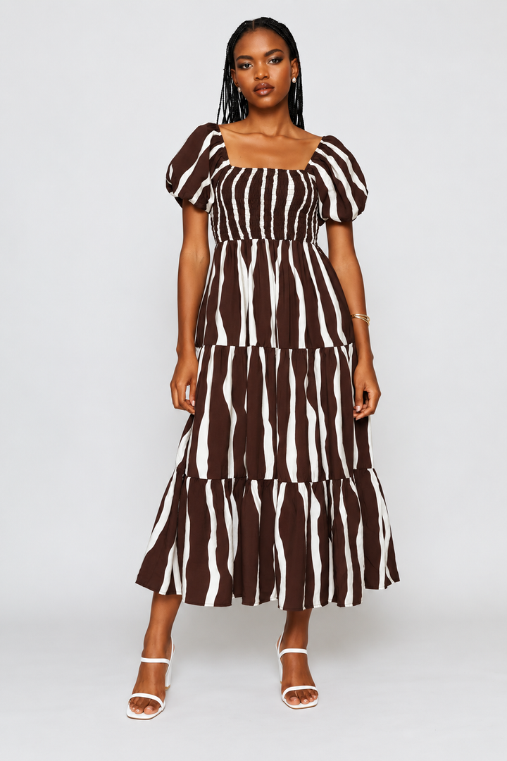 Bubble Sleeve Shirred Bodice Tiered Midi Dress - Cream/Chocolate