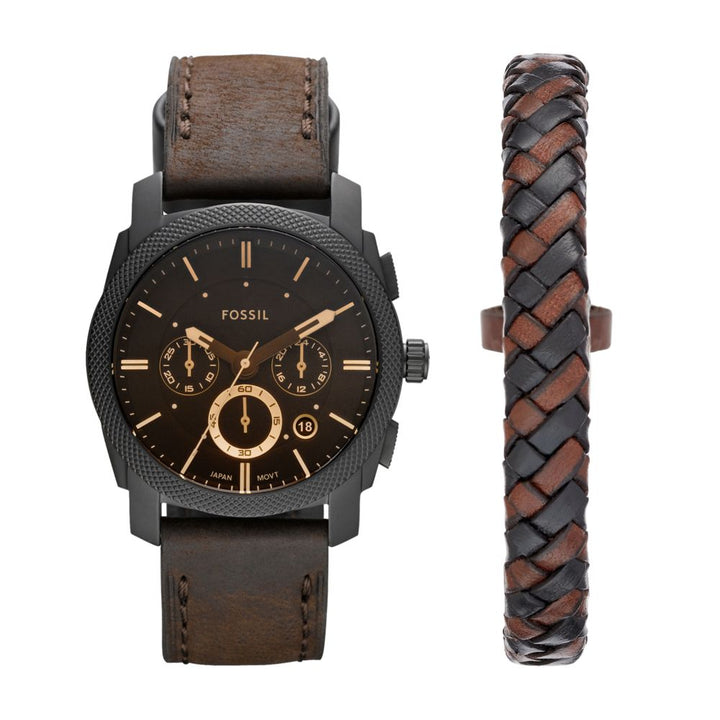 Machine Chronograph Leather Watch & Bracelet Box Set - Black