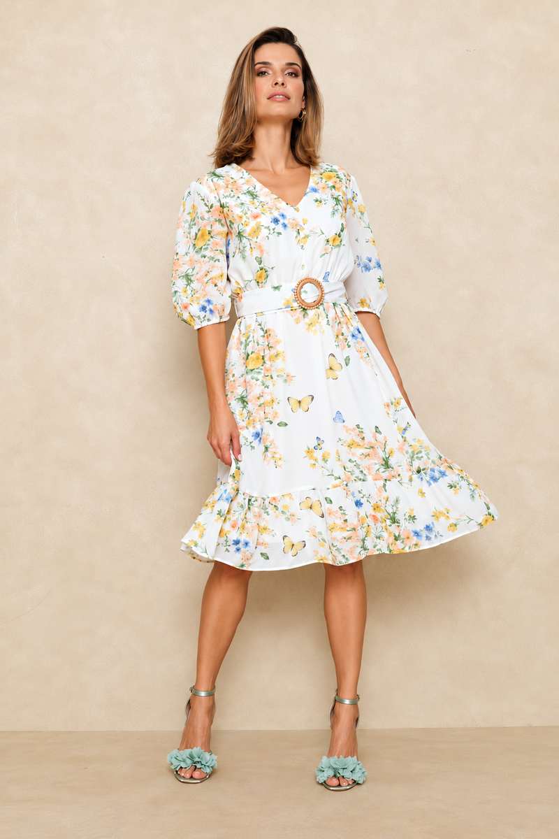 Belted Puff Sleeve Tea Dress - Floral