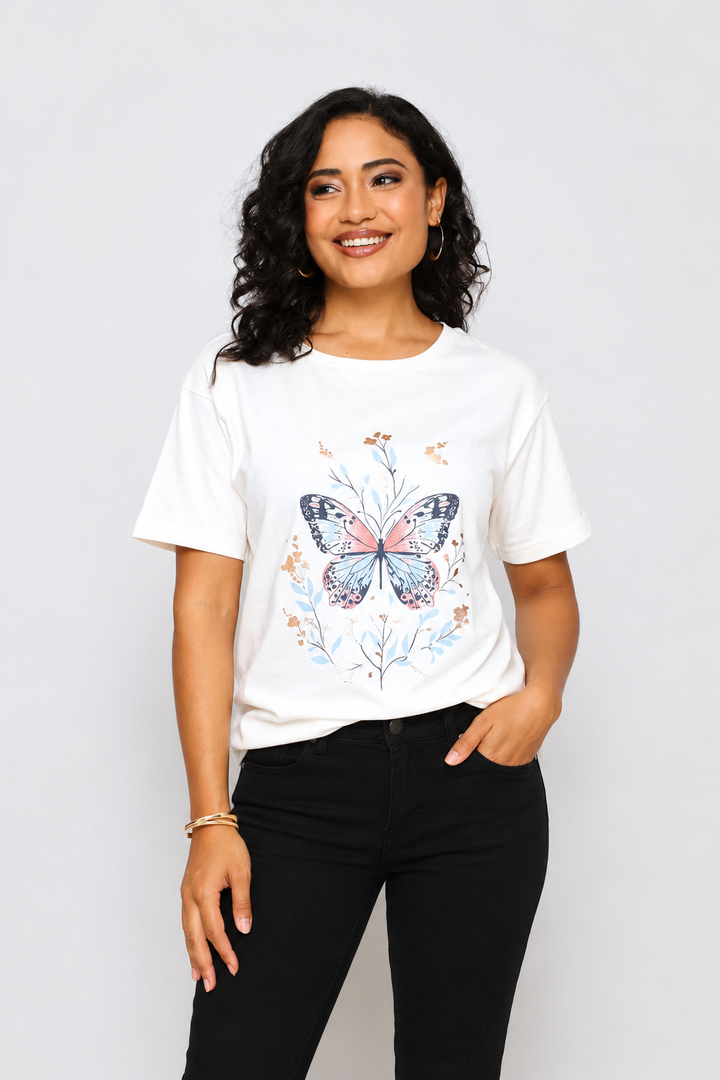 Floral Butterfly Tee - Cream