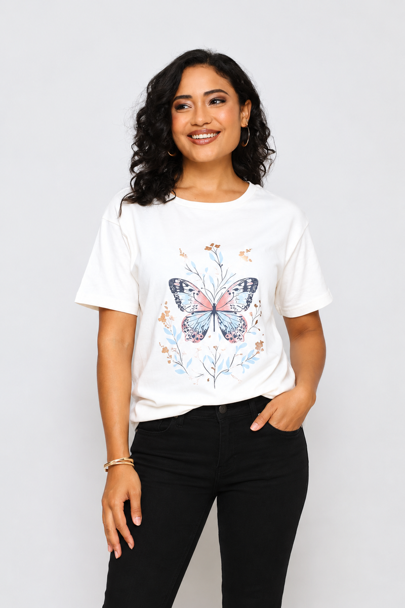 Floral Butterfly Tee - Cream