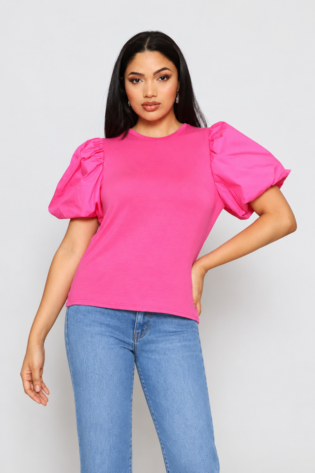 Bubble Sleeve Relaxed Combo Tee - Bright Pink