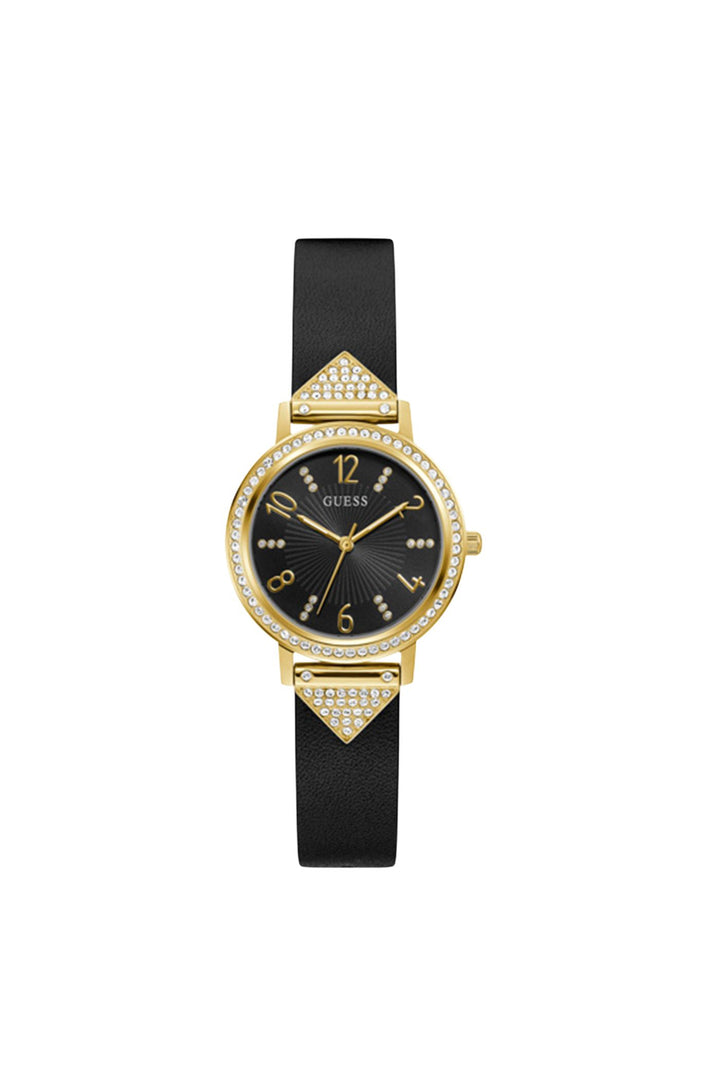 Gold Case With Crystals & Black Dial With Black Glitzy Leather Strap - Gold