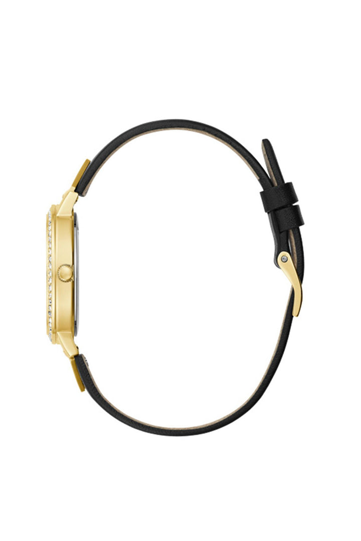Gold Case With Crystals & Black Dial With Black Glitzy Leather Strap - Gold