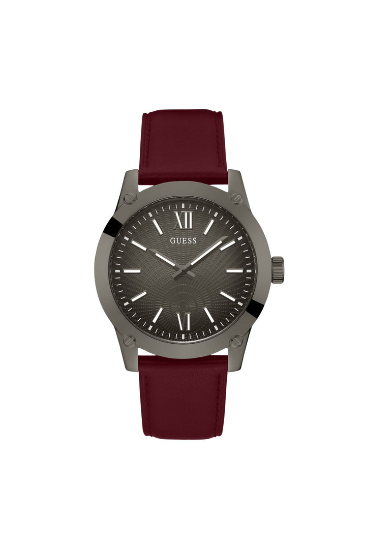 Black Case Watch With Black Dial & Burgundy Leather Strap - Black