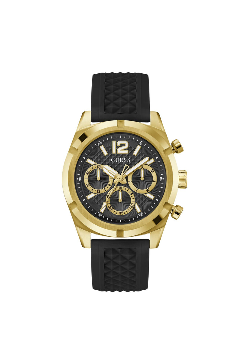 Gold Case Watch With Black Dial & Silicon Strap - Silver