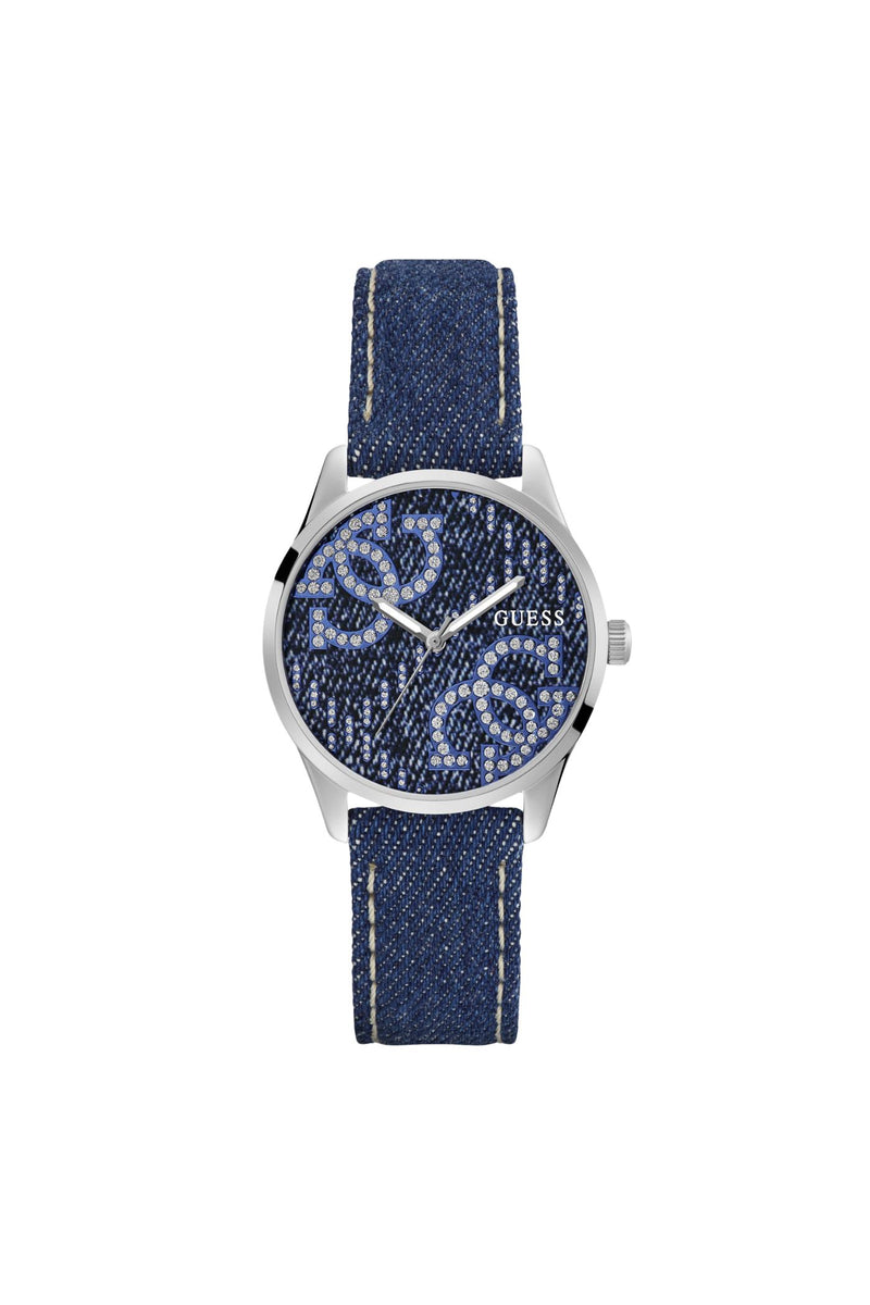 Silver Case Watch With Demin Dial & Leather Strap - Silver