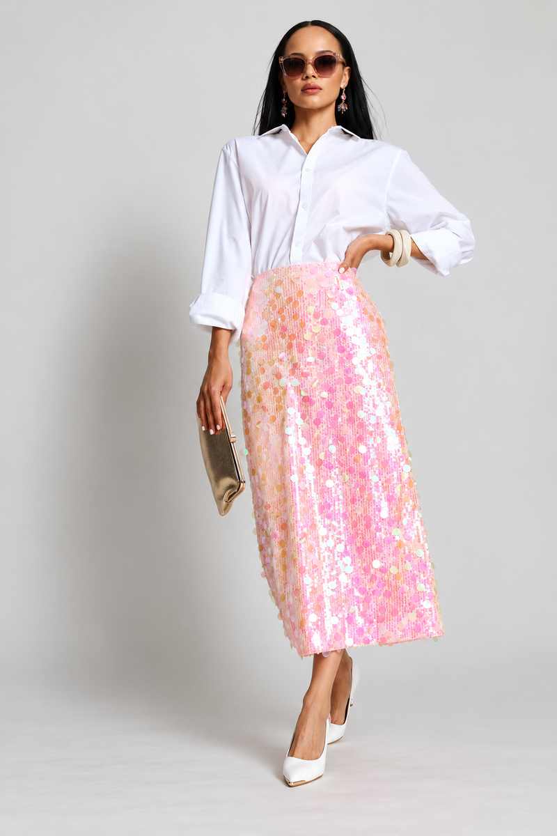 High Waisted Sequin Maxi Skirt With Back Slit - Pink
