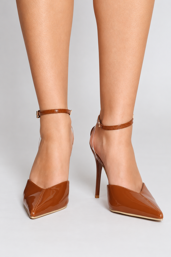 Vinyl & Ankle Strap V-Cut Mule Heel - Brown