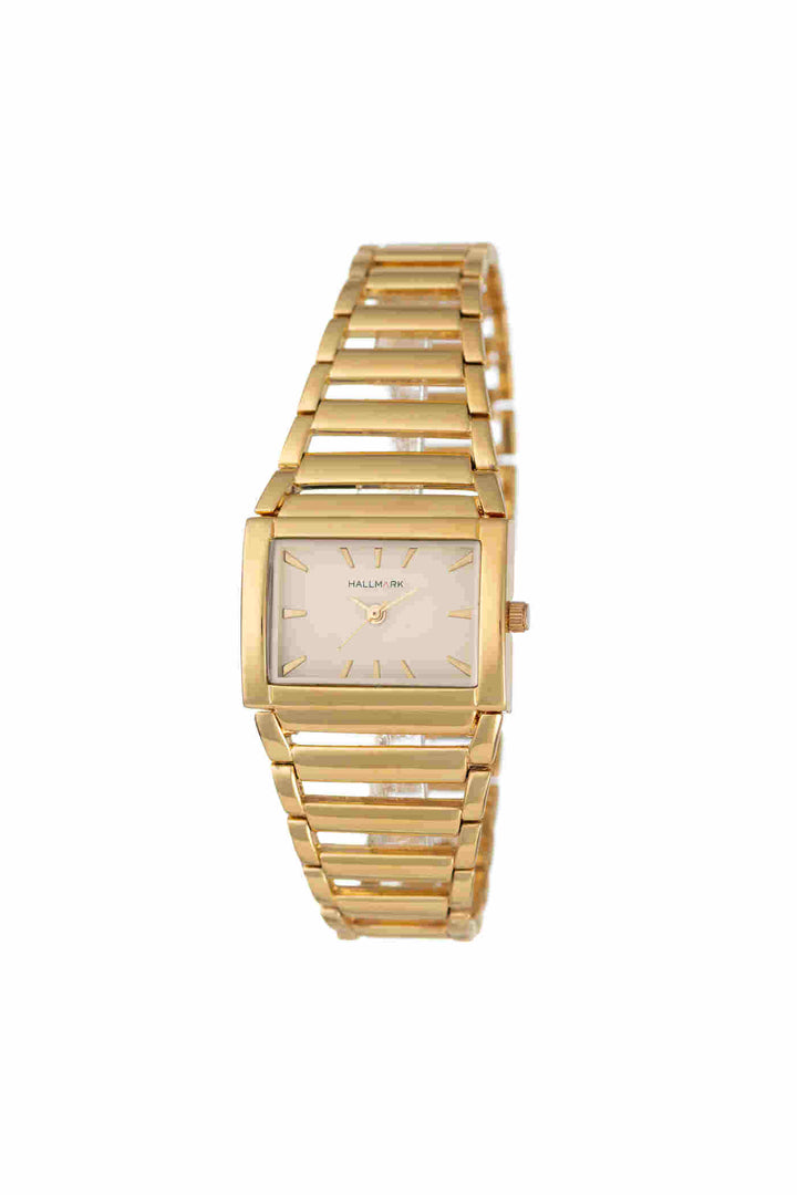 Gold Rectangle Cuff Bracelet Champagne Dial Watch - Gold