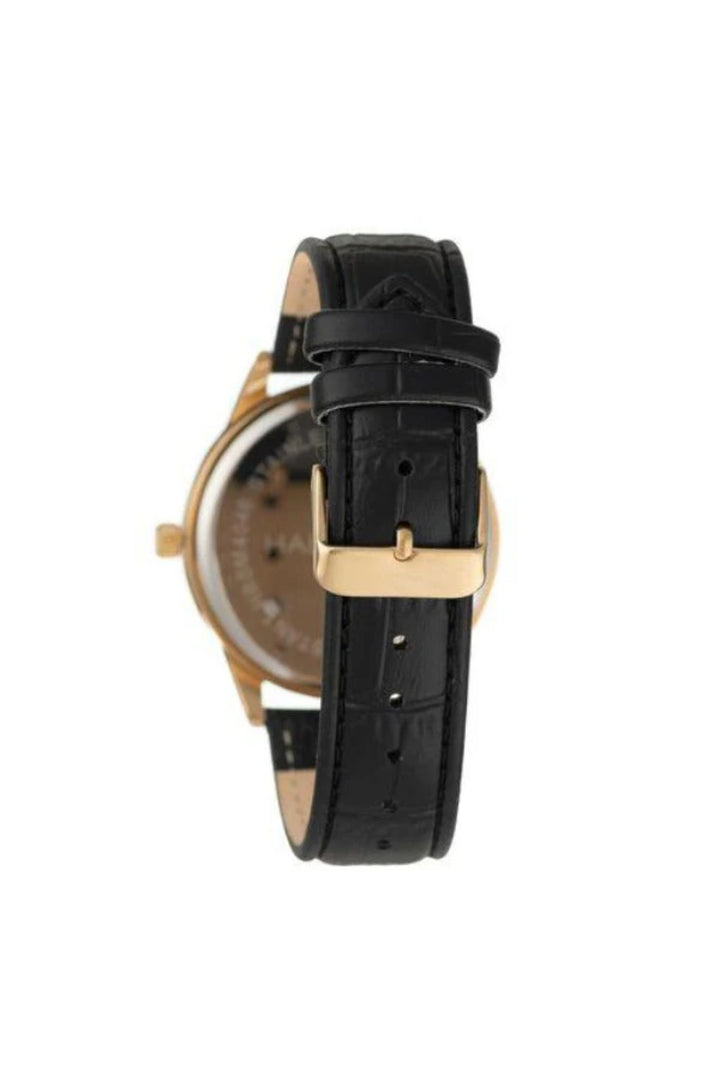 Gold & Leather Watch & Figaro Bracelet Box Set - Gold